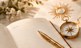 Open intention journal, gold pen and compass.