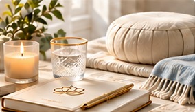 Journal, candle, water glass and a comfortable meditation cushion.