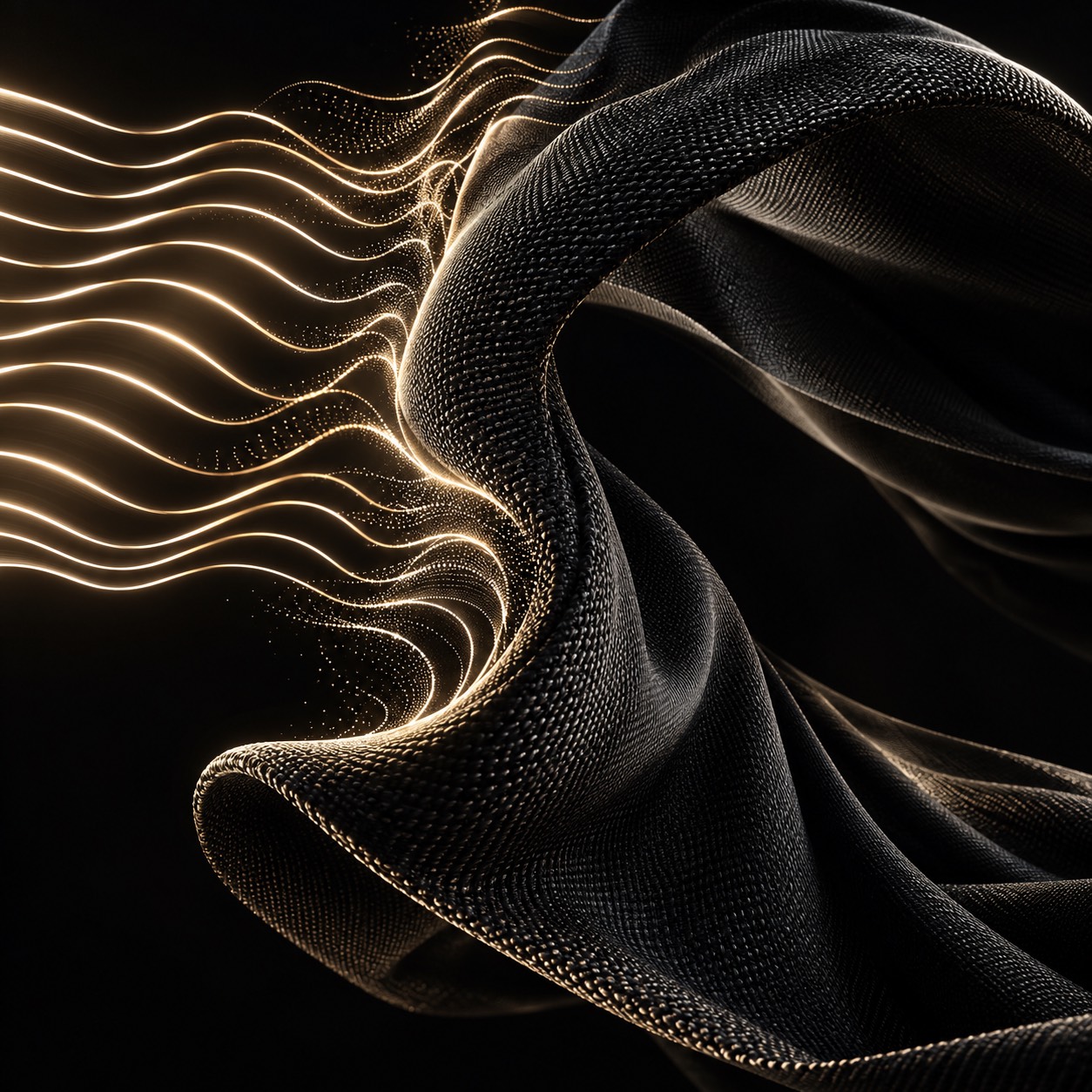Artistic visualization of gold wavefronts meeting sculptural black woven fabric