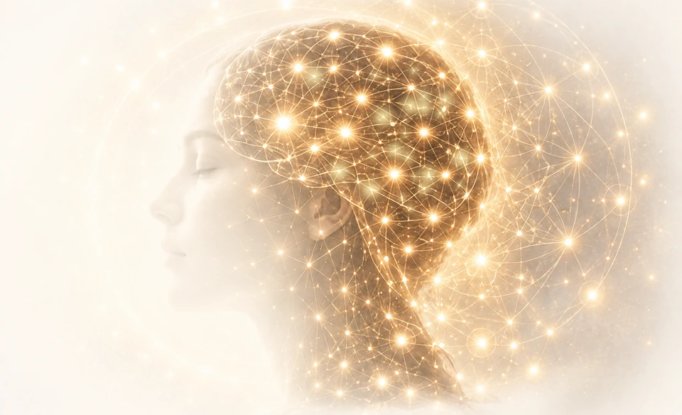 A softly faded profile with golden lights gently glowing in the brain area