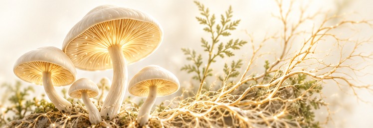 Ivory mushrooms with luminous golden gills and branching mycelium