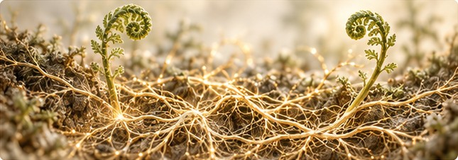 Fern shoots above an interconnected golden mycelium network
