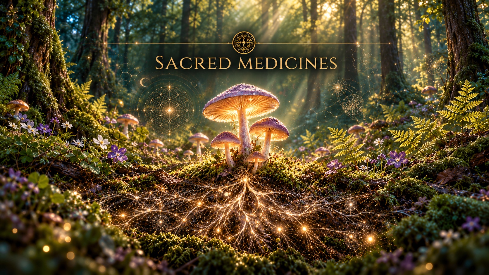 Glowing mushrooms on a mossy forest floor, with golden root-like light spreading beneath them and wildflowers all around.