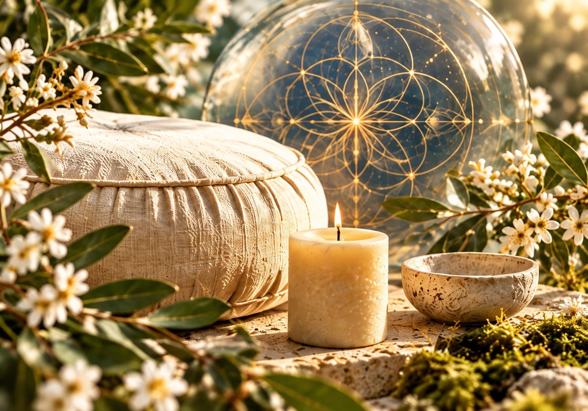 A linen meditation cushion and candle with botanical details and gold sacred geometry.