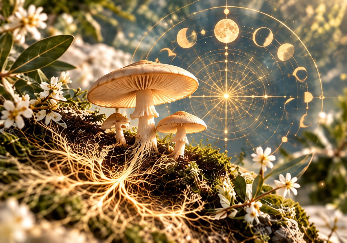 Mushrooms and branching mycelium with subtle lunar geometry.